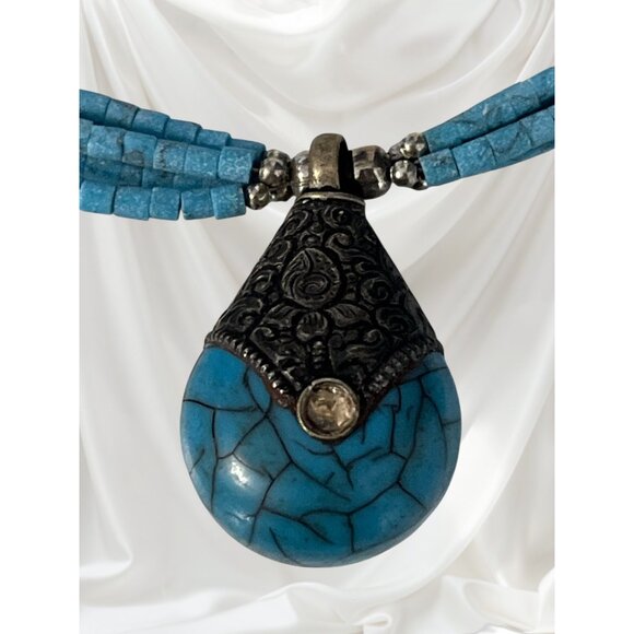 Vintage Teng Yue Turquoise Bead Necklace Sterling Silver Clasp Teardrop Pendant - Picture 4 of 6